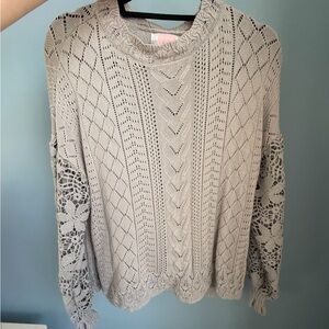 Open Knit Lace-Sleeve Pullover Sweater Top - Cream